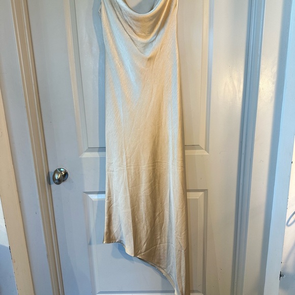 NEW Meshki Gold Satin Asymmetrical Draped Low Back Maxi Slip Dress, Size S & L - Picture 13 of 13
